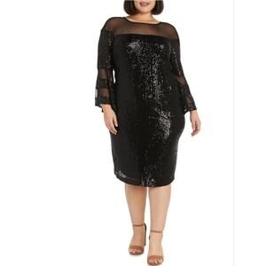 R&M Richards Sequined Sheer Long Sleeve Shift Cocktail Dress Black Size 16W